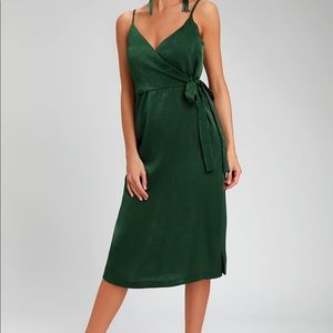 NWT Forest Green Satin Midi Wrap Dress